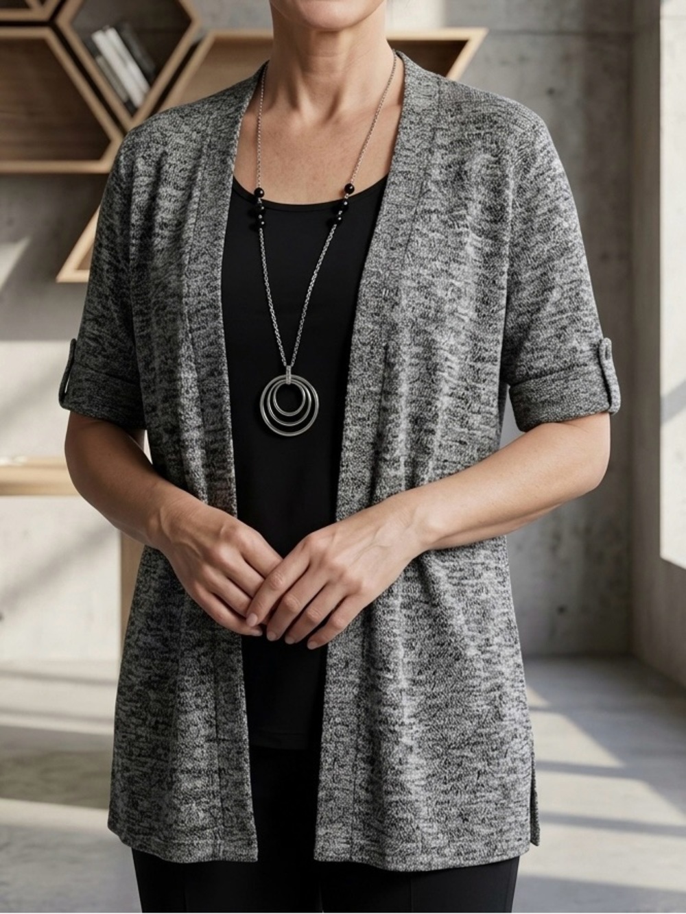 Lavish Gray 2-Piece Layered Cardigan Tank Set w/ Necklace M
